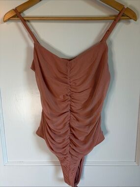Mono B Ruched Dusty Rose Mesh Bodysuit